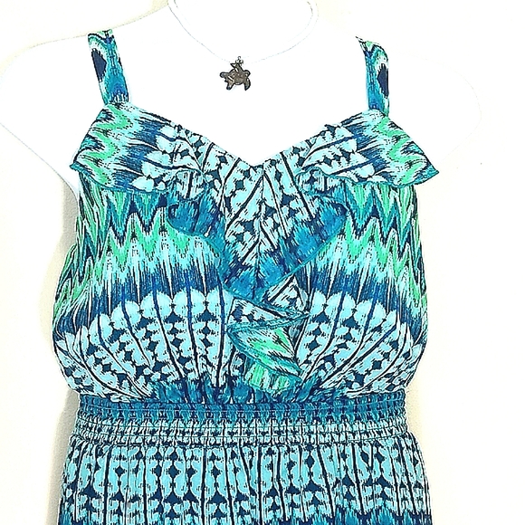 Sundress maxi blue green ruffle lined top slits adj straps elastic waist 1X - Picture 3 of 11